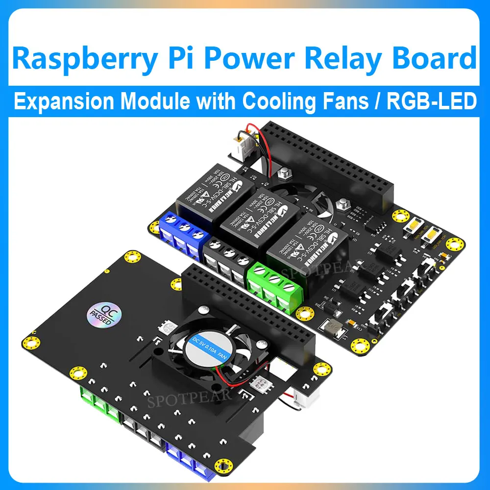 Placa de relé de potencia Raspberry Pi, módulo de expansión de 3 canales, carga de hasta 10Amp/250VAC con ventiladores de refrigeración y RGB-LED