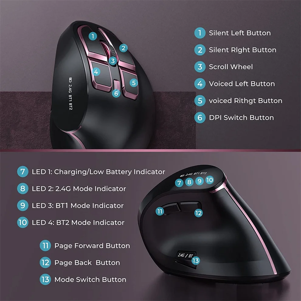 Ratón ergonómico, ratón Vertical inalámbrico, ratón óptico recargable para ratón Bluetooth multiusos, Compatible con Apple Mac y Windows - imagen 4