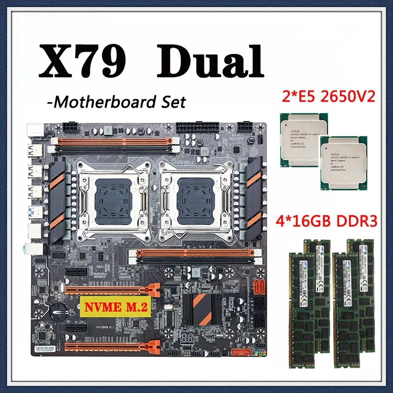 Conjunto de placa base X79, CPU Dual con 2 * procesador E5 2650V2, LGA 2011, 4*16GB = 64GB, 1600Mhz, RAM DDR3, compatible con USB 3,0, Sata3.0, PCI-E 3,0