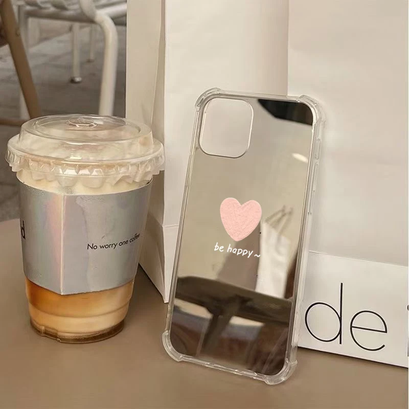 Funda de teléfono con diseño de corazón de amor Simple para iPhone 11 12 13 14 15 16 Pro Max XS X XR 7 8 Plus SE, funda suave con espejo de maquillaje - imagen 5