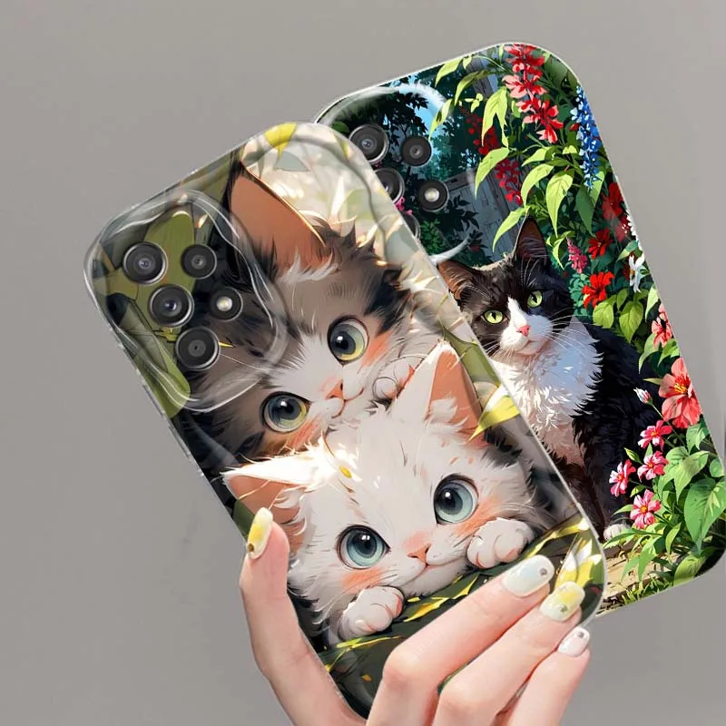 Hermosa funda de teléfono con arte floral de gato para Samsung A73 A72 A71 A56 A55 A54 A53 A52 A51 A32 A36 A26 A25 A13 A14 5G aceite ondulado - imagen 4