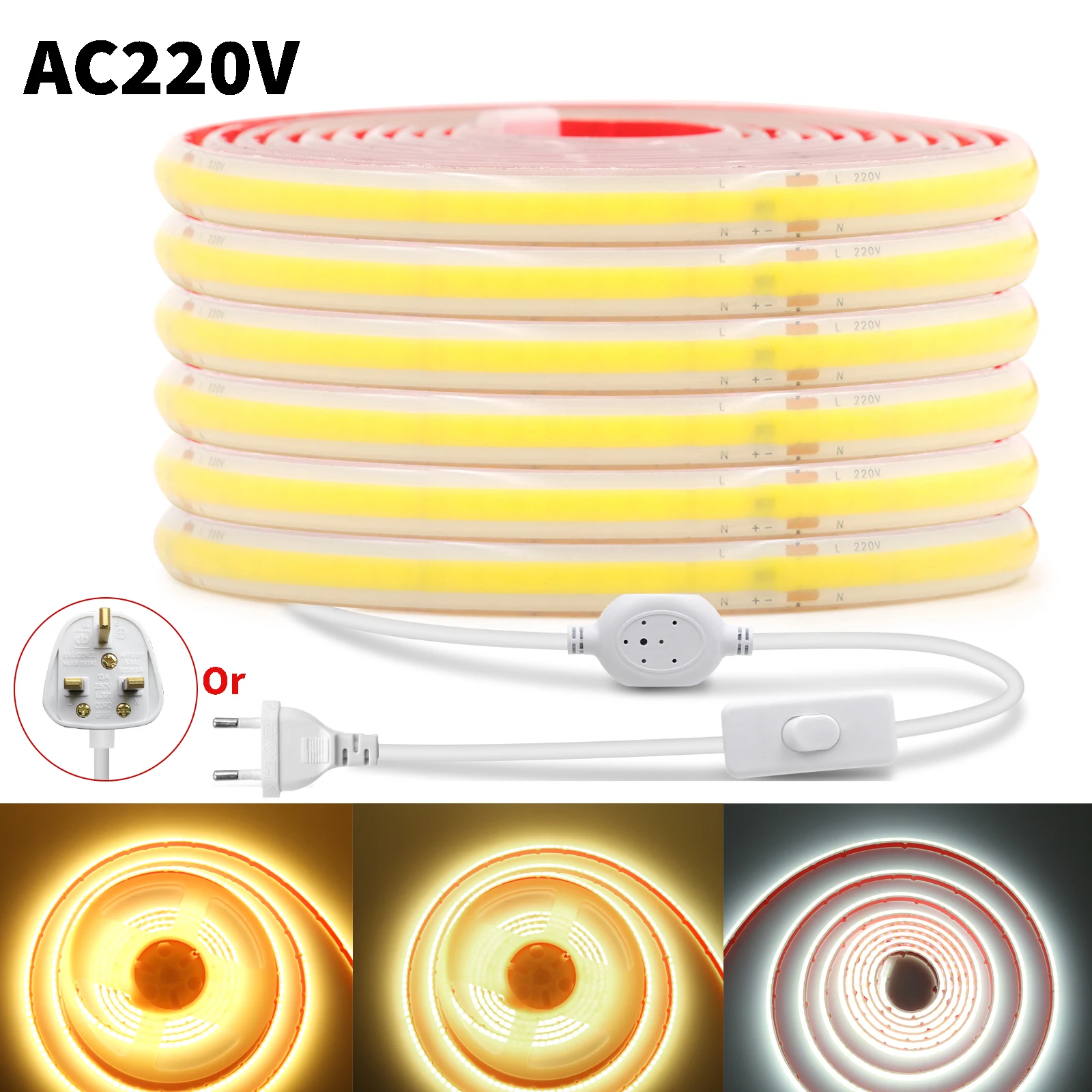 Tira de luces LED COB de 220V, interruptor de enchufe europeo y británico, cinta Flexible de 240LEDs/M, iluminación lineal, iluminación para armario de cocina, jardín impermeable - imagen 2