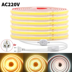 Tira LED COB 220 V con interruptor, flexible e impermeable