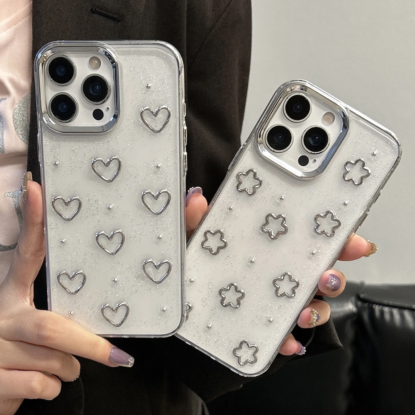 Funda de teléfono de lujo con forma de corazón y purpurina, flor plateada, para iPhone 16, 15, 14, 13, 12 Pro Max Plus 11, bonita funda trasera transparente Floral - imagen 2