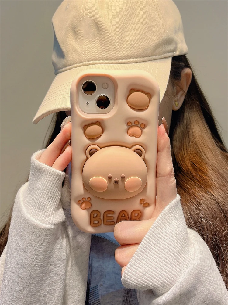 Precioso oso 3D soporte oculto funda de teléfono de silicona para iPhone 11 12 13 14 15 16 Pro Max XS XR X 7 8 Plus funda bonita para chica - imagen 5