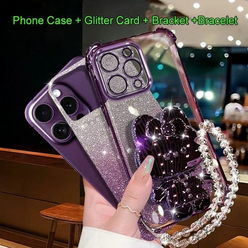 Para Honor Magic 7 6 5 4 Lite 3 Pro chapado cuatro esquinas Anti-caída funda suave de silicona espejo soporte de conejo cubierta de cadena de cuentas transparentes - imagen 3