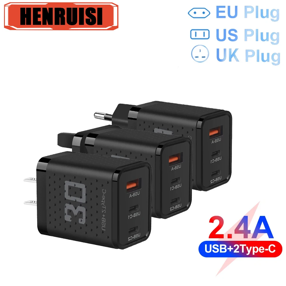 Adaptador de teléfono móvil para iPhone 15, Xiaomi, Samsung y Huawei, carga superrápida QC 3,0, 30W, Dual PD, USB tipo C, 3 puertos, enchufe de la UE/EE. UU./Reino Unido