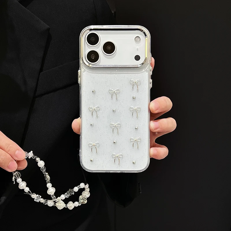 Funda de teléfono INS Glitter 3D con cuentas de lazo plateado para iPhone 17 16 15 14 13 12 11 Pro Max 7 8 Plus X XS XR cubierta de cadena de teléfono con cuentas - imagen 4