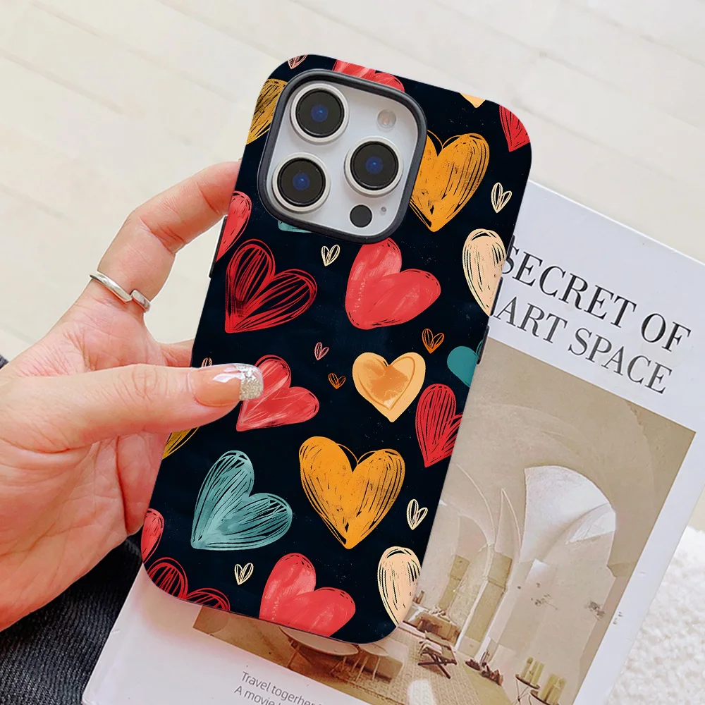 Funda de teléfono de lujo con corazones de amor negros para iPhone 16, 15, 14, 13, 12, 11 Pro Max Plus, funda trasera magnética de doble capa de lujo