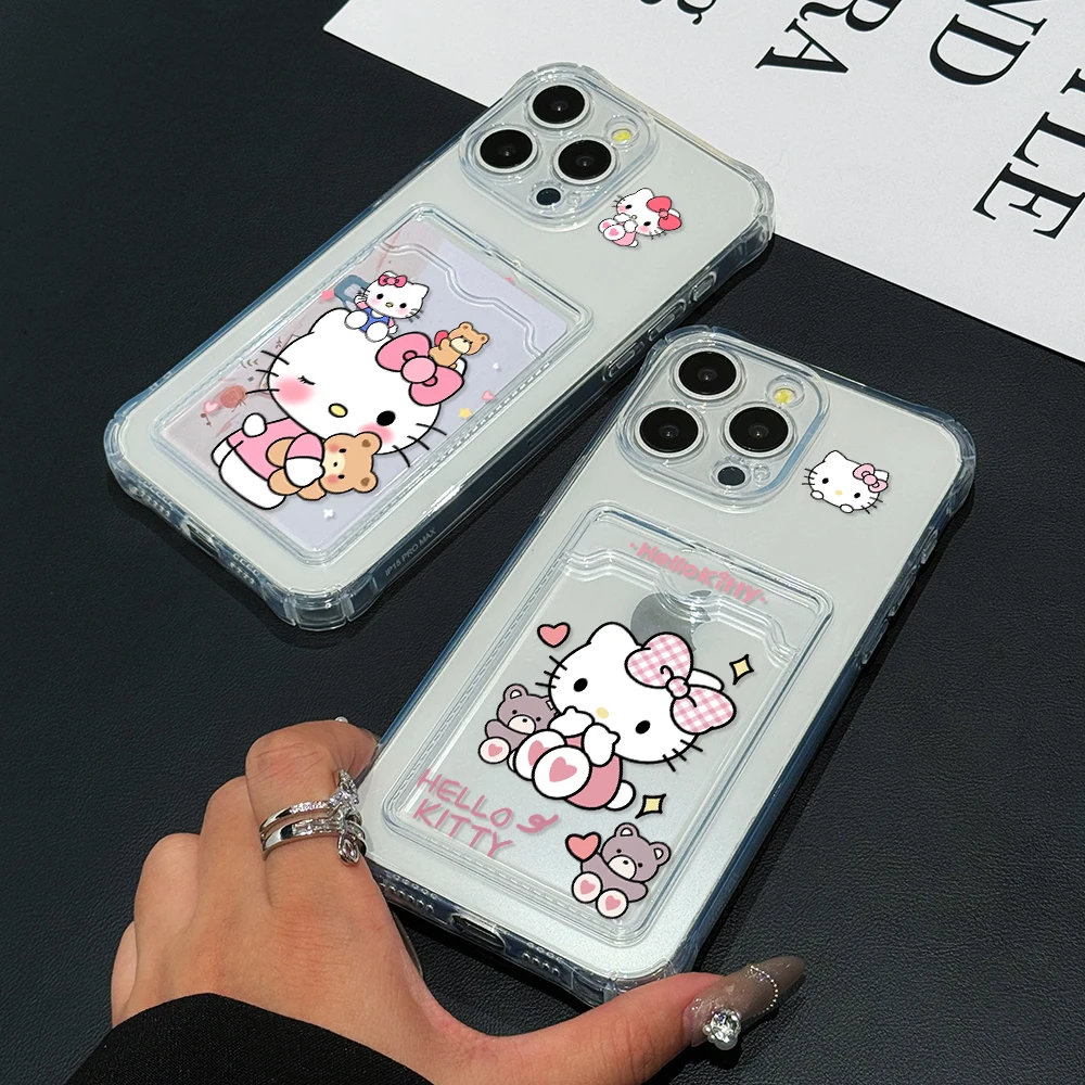 Funda con tarjetero de gato de dibujos animados Hellos Kittys para vivo Y17s Y02s Y35 Y02 Y21 Y15s Y15a Y21a Y20 Y91C Y91 4G 5G cubierta transparente anticaída - imagen 3