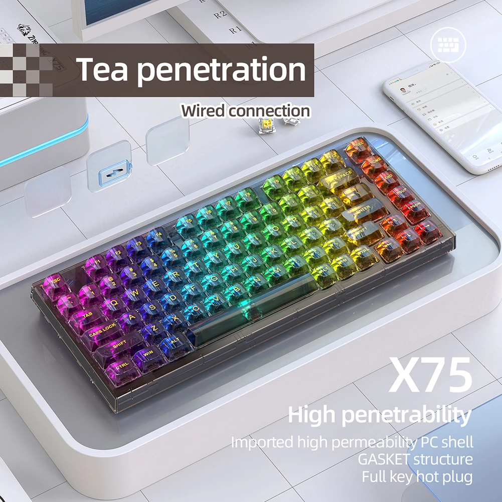 Teclado mecánico transparente X75 para Gaming, accesorio intercambiable con cable RGB, retroiluminado, para ordenador portátil y PC - imagen 4