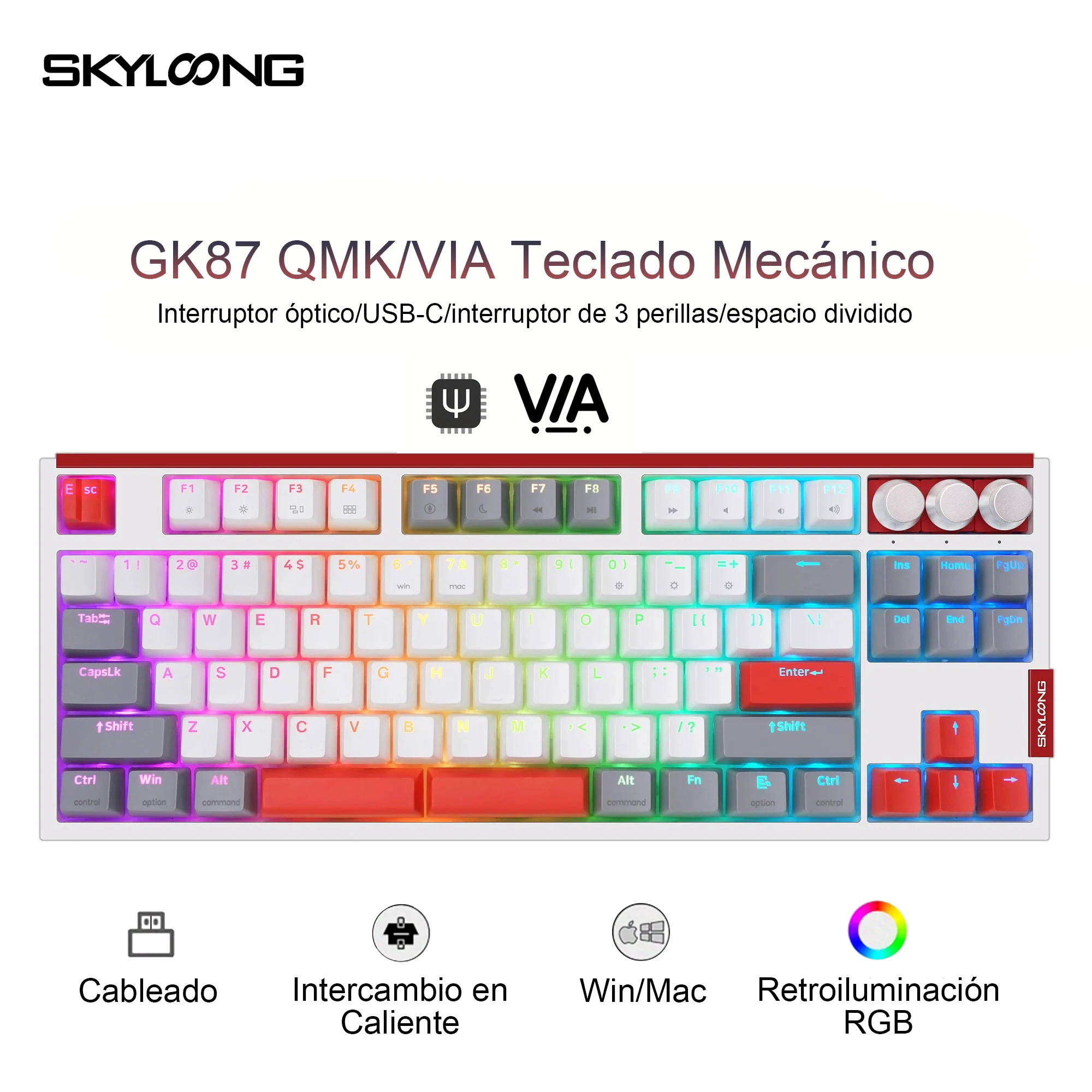 SKYLOONG GK87 QMK/VIA teclado con cable interruptor óptico retroiluminación RGB intercambiable en caliente 3 perillas PBT teclado translúcido espacio dividido teclado para juegos - imagen 2