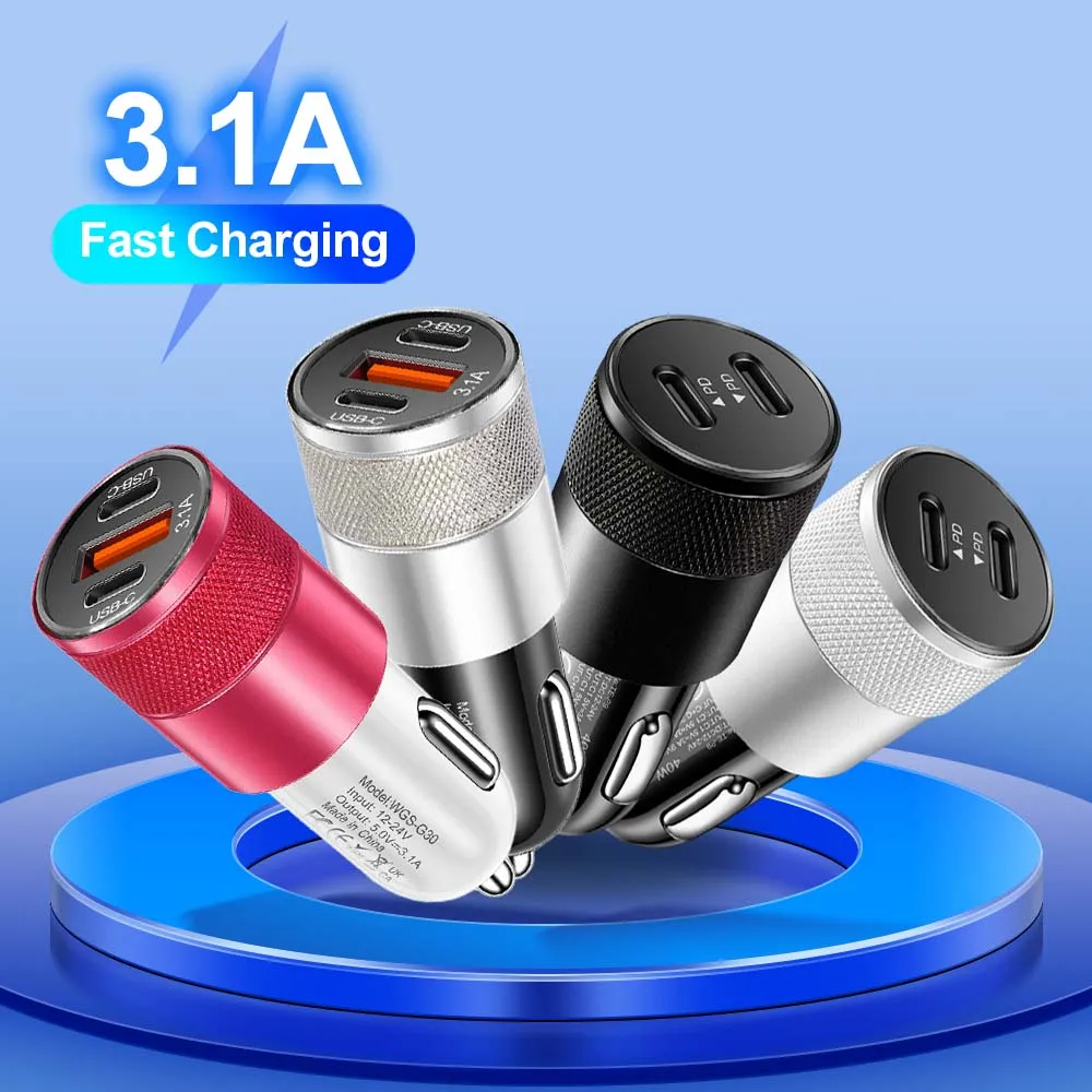 Cargador de coche 3.1A PD USB tipo C adaptador de cargador de teléfono de coche de carga rápida para iPhone Xiaomi Samsung cargador rápido