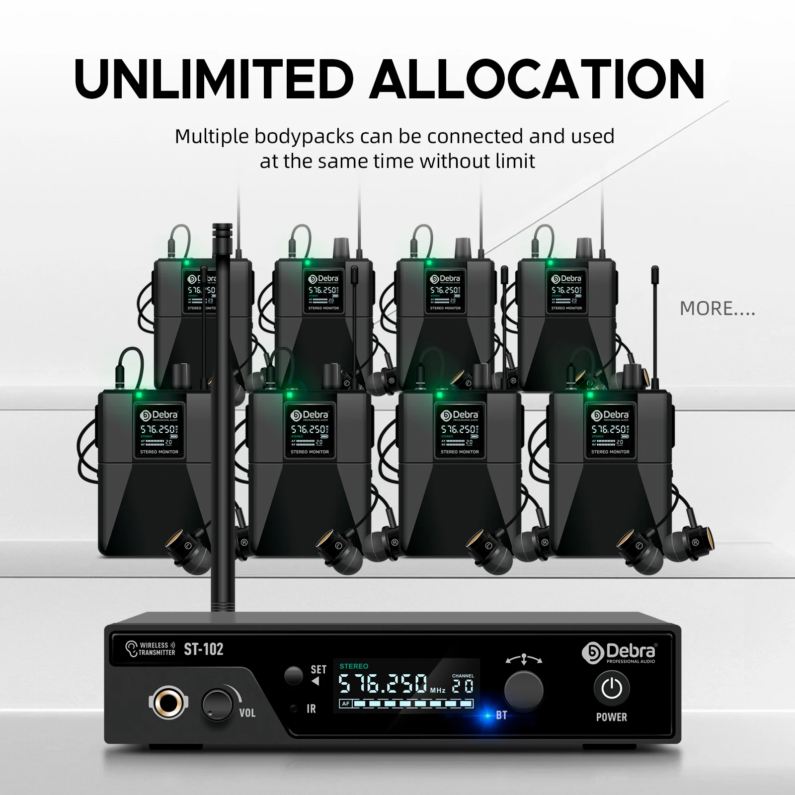Debra ST-102 Sistema de monitorización intrauditiva inalámbrico Estéreo con Bluetooth Rango UHF 80-300 m para escenario, grabación, instrumentos, baterista - imagen 4