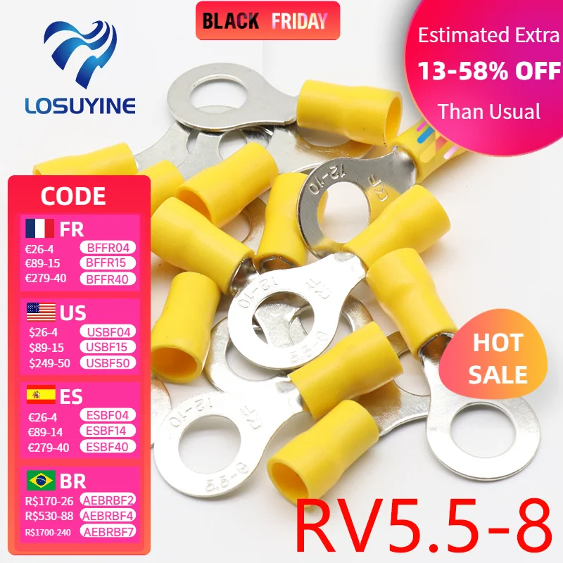 RV5.5-8 Yellow Ring insulated terminal suit 4-6mm2 Cable Wire Connector cable Crimp Terminal 50PCS/Pack RV5-8 RV