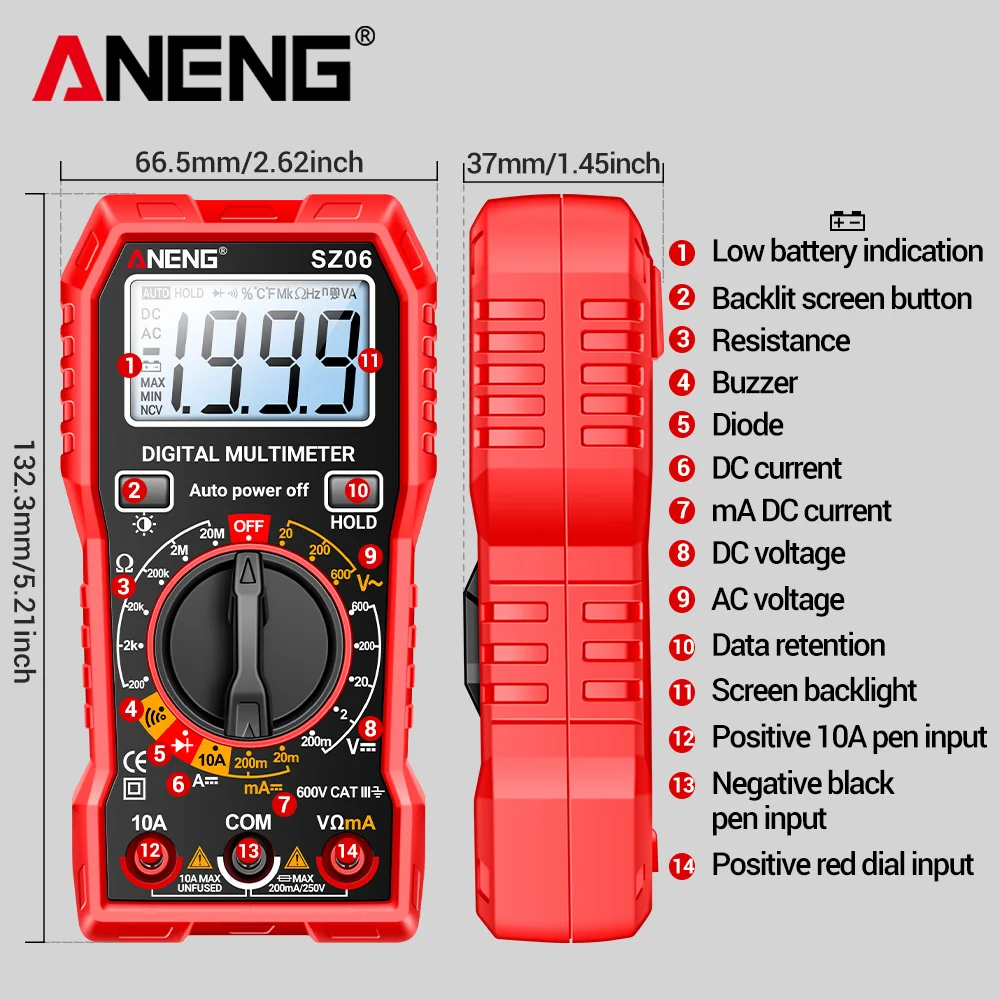 ANENG SZ06 multímetro Digital inteligente de 2000 recuentos medidor de voltaje CA/CC probador de ohmios de corriente CC herramientas Detector herramienta de electricista - imagen 5