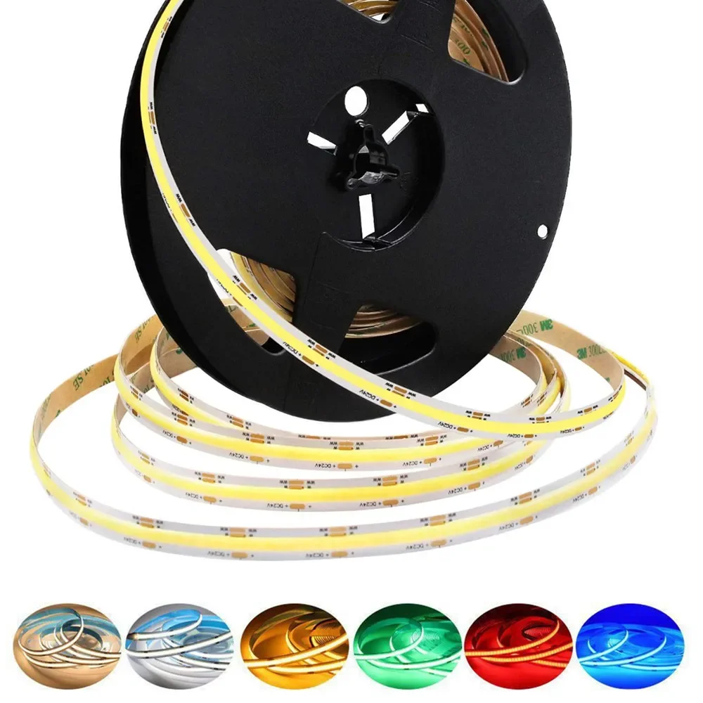 Tira de luces LED COB de 12V y 24V, 384 528 Chips/M, FOB Flexible de alta densidad, rojo, verde, azul, naturaleza cálida, luz lineal regulable blanca fría - imagen 5