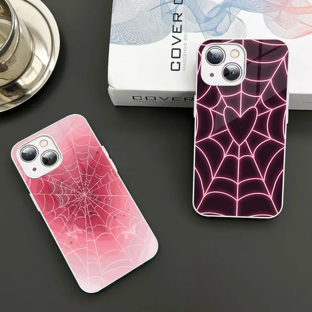 Funda de teléfono con estampado de telaraña de dibujos animados de vidrio templado para Iphone 14 13 12 11 Pro Mini XS MAX 14Plus X XS XR Fundas