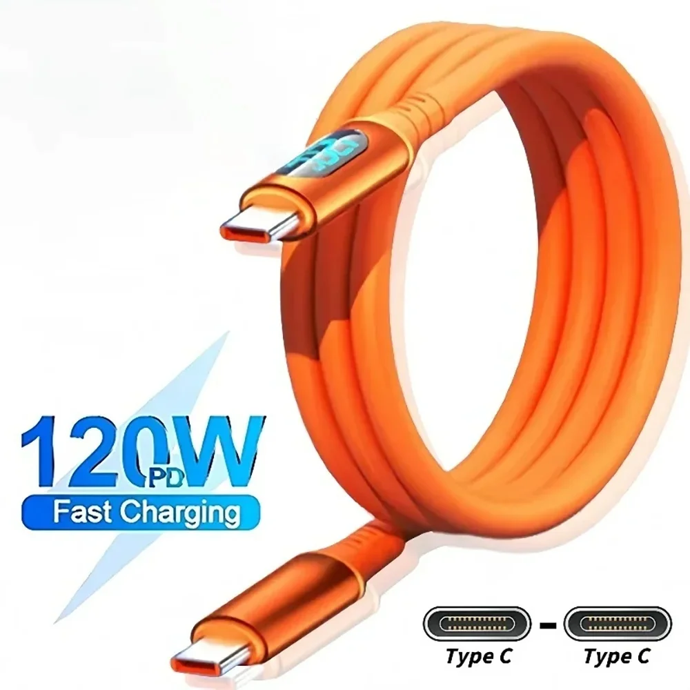 Cable de 120W 6A tipo C a tipo C Cable de datos de carga súper rápida para teléfono con pantalla LED línea USB a tipo C para Xiaomi Iphone Huawei