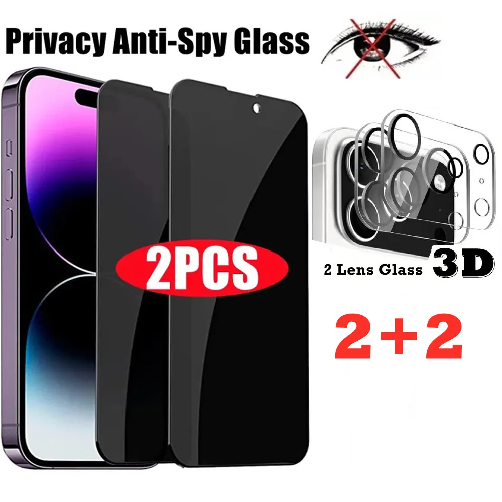 2 + 2 4 en 1 Protección de Privacidad Vidrio + Lente de Cámara 3D Protector de Pantalla Transparente Anti Peep para iPhone 17 16 15 Pro Max 13mini 14 Plus 16e