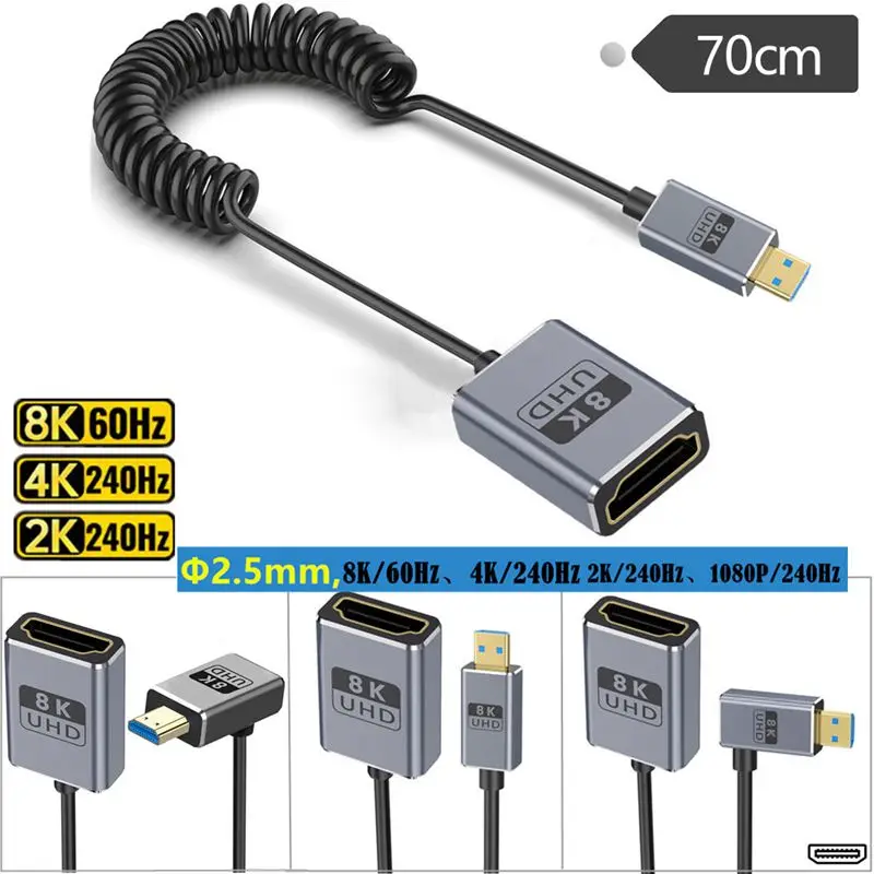 Muelle coaxial 8K 2,1, versión ultrafina, compatible con Micro HDMI macho a H-DMI hembra, cable de conexión de cámara 8k @ 60hz 4k @ 120hz - imagen 3
