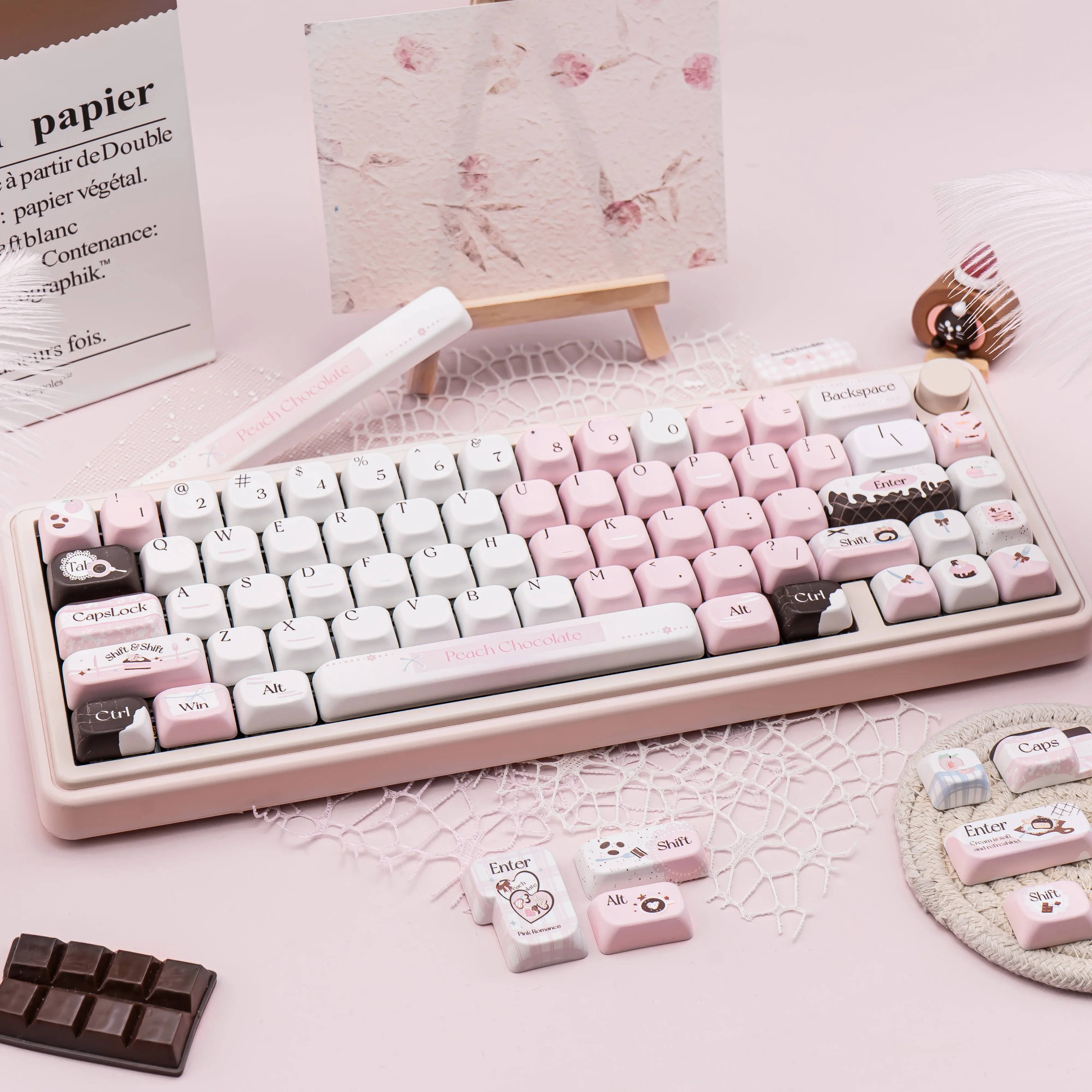 Juego de teclas con tema de Chocolate rosa, tapas de teclado de sublimación PBT, teclas personalizadas con perfil de cereza FOA para teclado mecánico - imagen 5