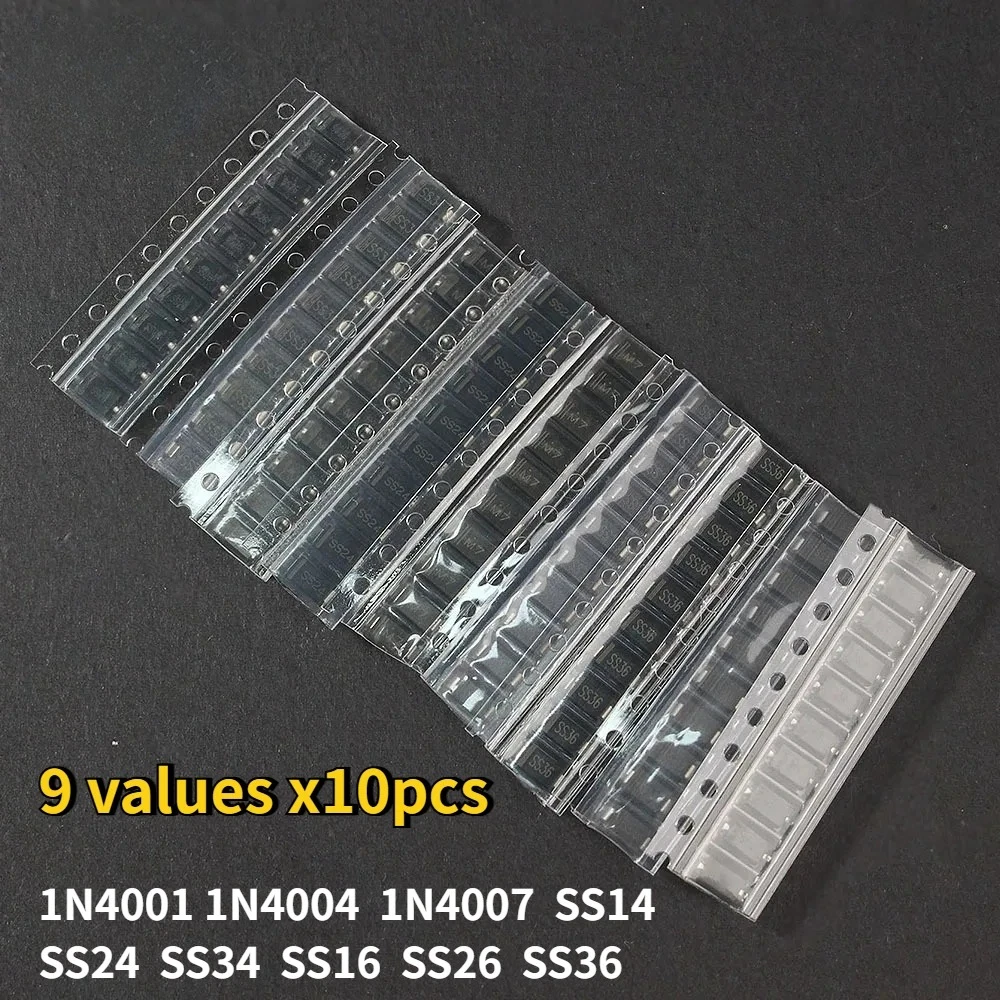 90 Uds Kit de diodos SMD 9 valores X10 Uds 1N4007 1N4001 1N4004 SS14 SS16 SS24 SS26 SS34 SS36 juego surtido de diodos rectificadores SMD - imagen 2