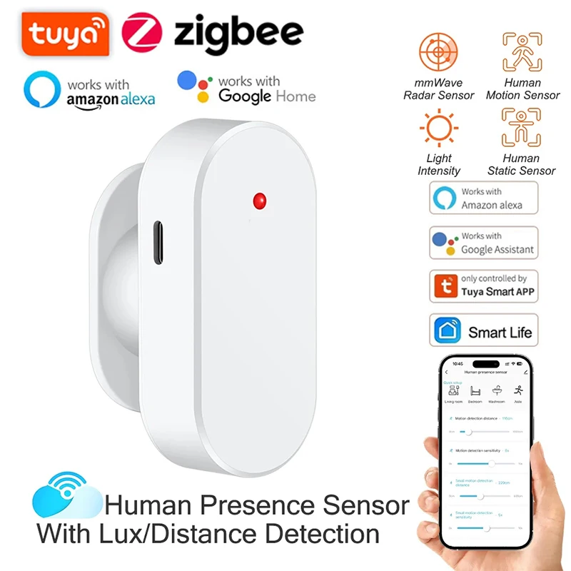 Detector de presencia humana Tuya Zigbee, Sensor de movimiento PIR con Radar MmWave Smart Life con distancia de luminosidad, Monitor de detección de respiración