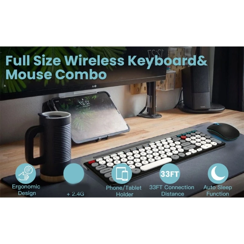 Paquete teclado y ratón redondo compatible con F3KE, teclado inalámbrico recargable, Estilo Vintage, conexión - imagen 5