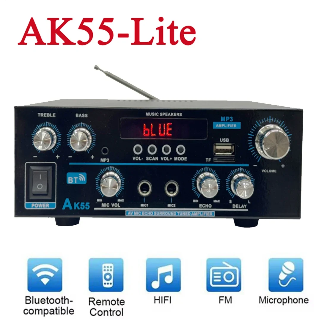 AMPLIFICADOR DE Sonido AK55-Lite potencia máxima 90Wx2 canales 2,0 alta fidelidad Bluetooth 5,0 con FM USB amplificador de potencia Digital para Karaoke de coche en casa