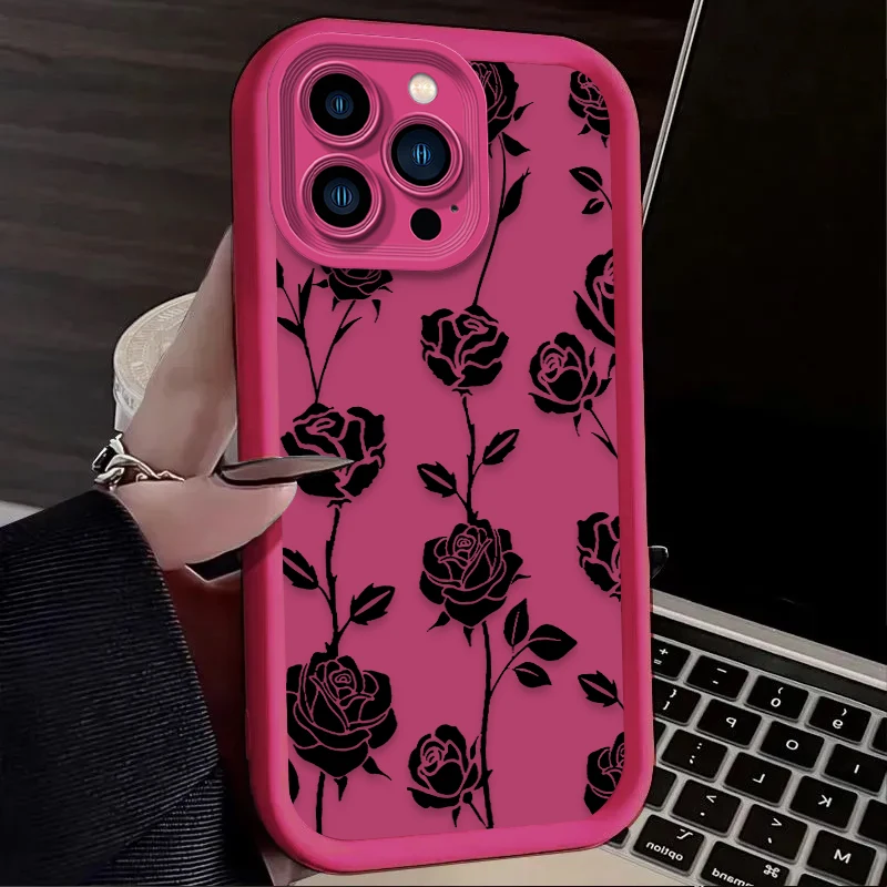 Funda de teléfono de flores negras para iPhone 14, 15 Pro Max, 13, 12, 11, X, XS, XR, 7, 8 Plus, SE 2020, Funda de silicona líquida suave a prueba de golpes - imagen 4