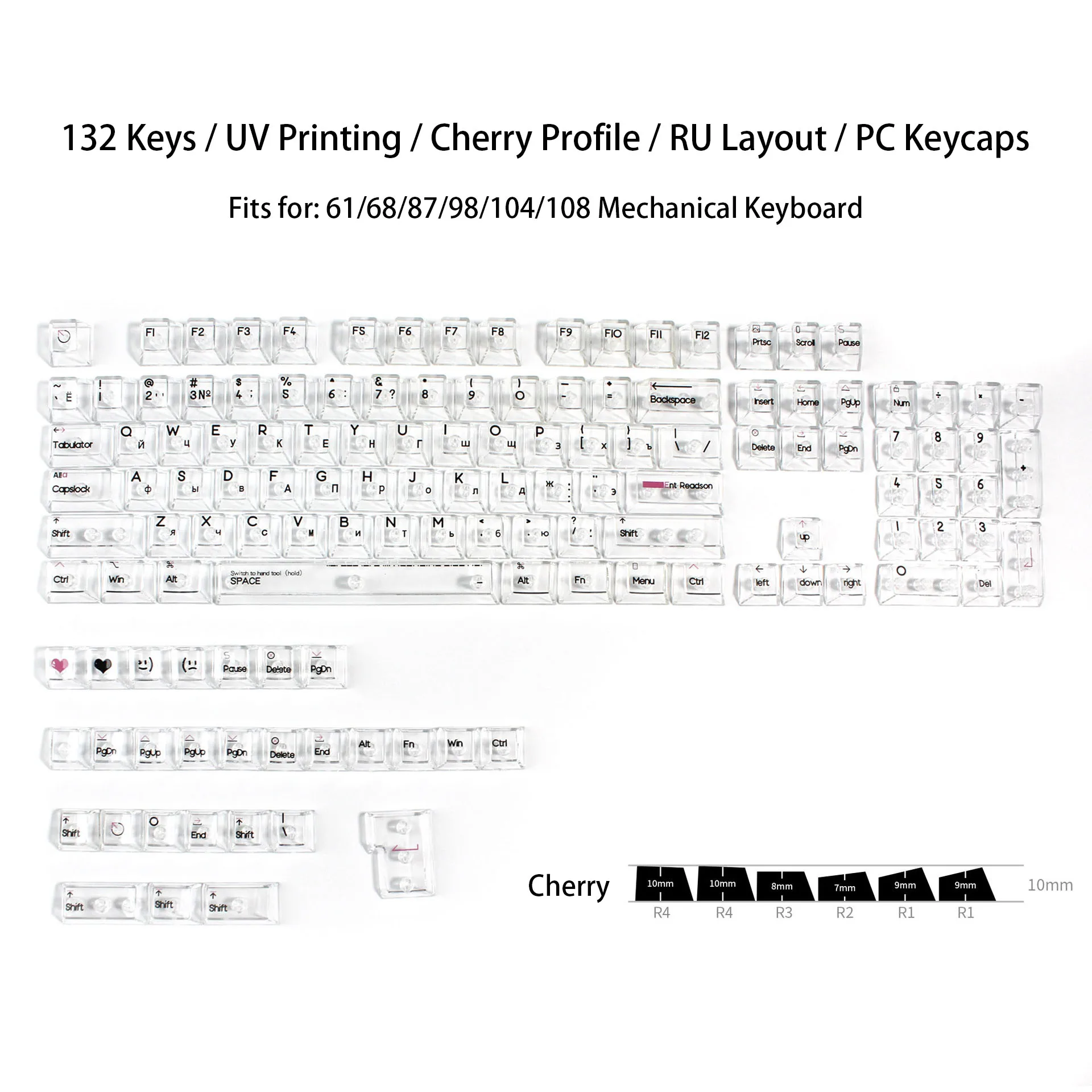 Teclas de cristal con impresión UV de diseño ruso, teclas de PC transparentes blancas, perfil de cereza, 132 teclas para teclado mecánico MX Switch - imagen 2