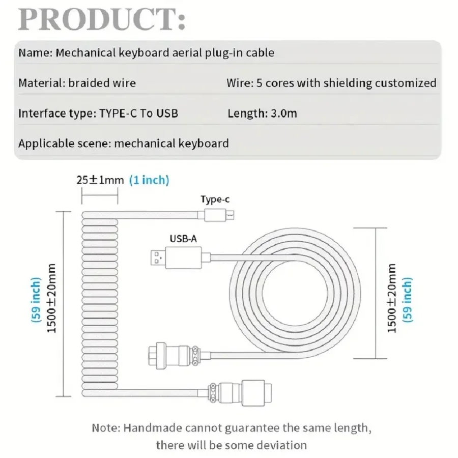 Cable de teclado en espiral, cable de teclado mecánico USB-C a USB-A de 1,5 m (4,9 pies), tipo de cable de doble manga de aviador de metal desmontable - imagen 5