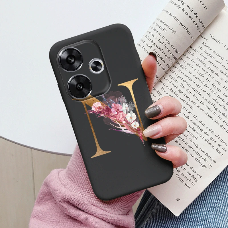 Funda con letras doradas para Poco F6, cubierta trasera suave de silicona negra para PocoF6, Protector para Xiaomi F 6, Funda a prueba de golpes, carcasa con flores rosas - imagen 4