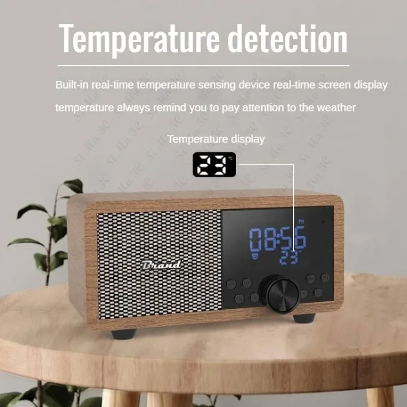 Altavoz despertador con Radio FM de madera, reloj de mesita de noche, Subwoofer, Altavoz Bluetooth inalámbrico portátil con modo EQ, temperatura ajustable - imagen 3