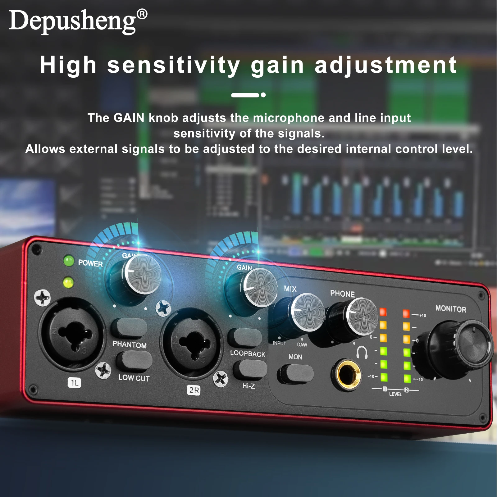 Tarjeta de sonido profesional Depusheng MK22P interfaz de Audio USB 48v fuente de alimentación fantasma para estudio en vivo Streaming Podcasts - imagen 3