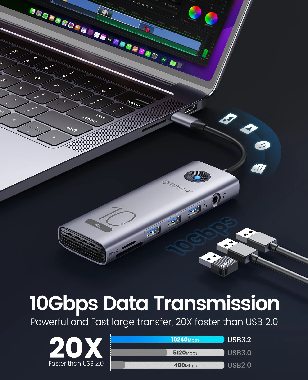 ORICO-estación de acoplamiento tipo C de 10Gbps, 4K60Hz, compatible con HDMI, USB 3,0, 2,0 HUB, RJ45, PD100W, adaptador, lector de tarjetas para accesorios de ordenador portátil - imagen 5
