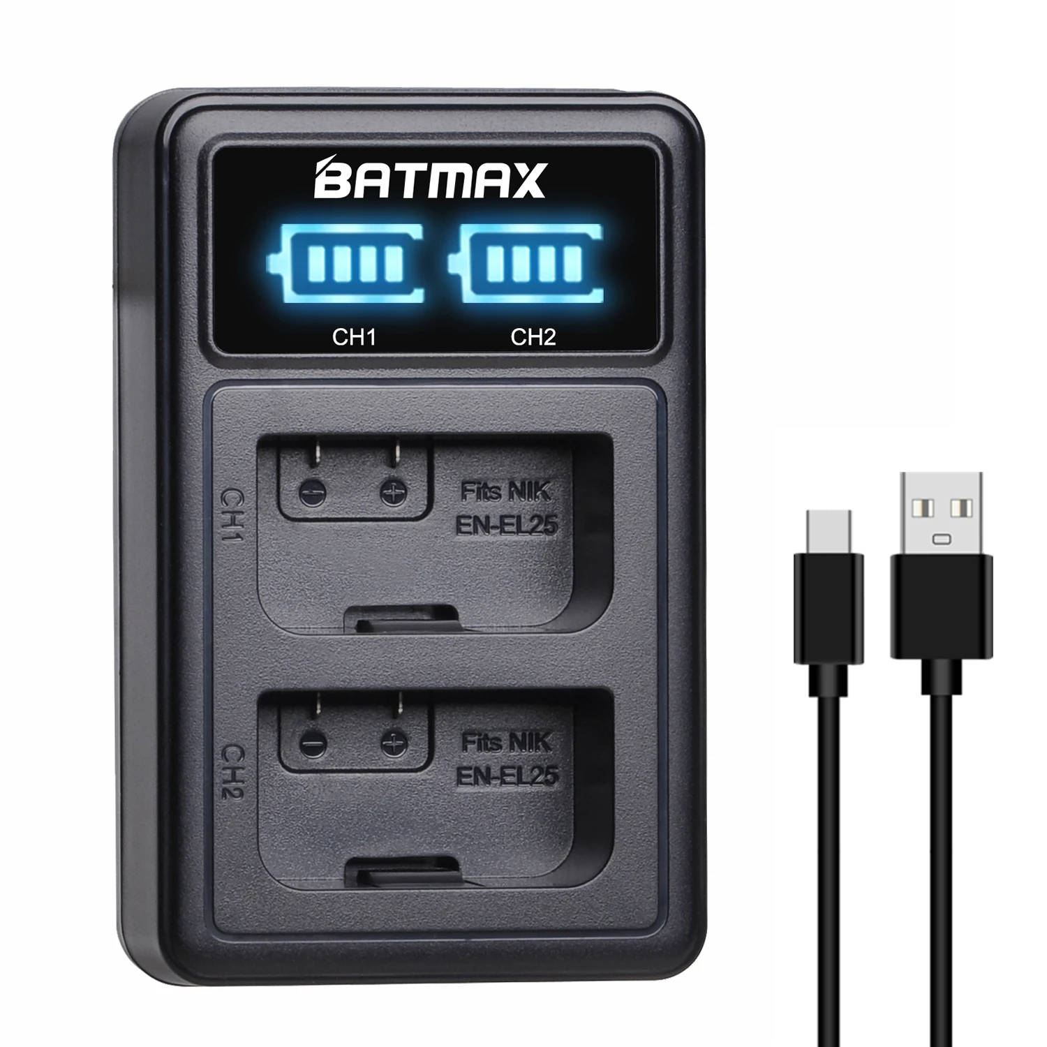 Batería Batmax EN-EL25 EN EL25 2080mAh + cargador dual LED para Nikon Z50, Z50 II, Z30, cargador de cámara ZFC MH-32 - imagen 3