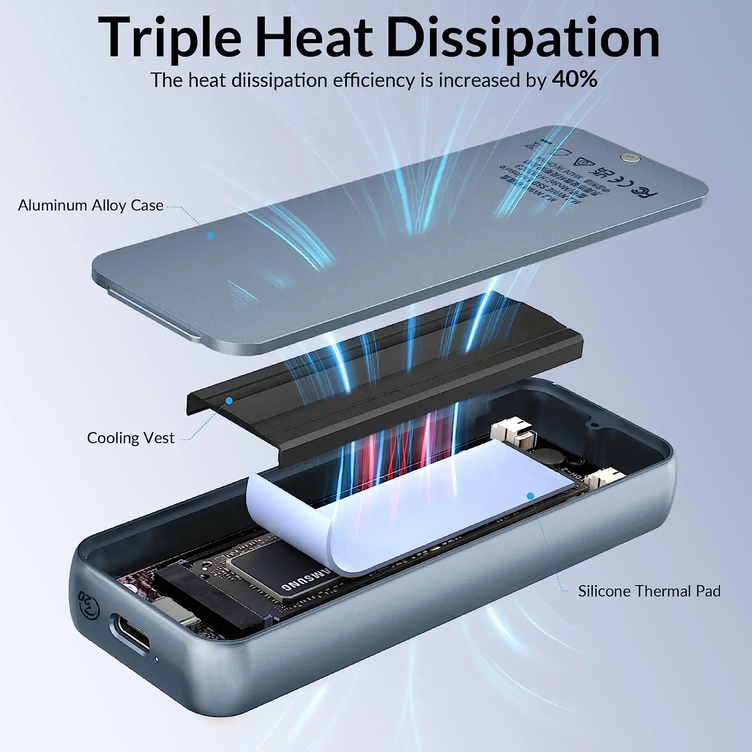 PHIXERO-carcasa de SSD M.2 NVME con chaleco de refrigeración incorporado, carcasa de SSD tipo C de aluminio mejorada para unidad de estado sólido, 20Gbps - imagen 2