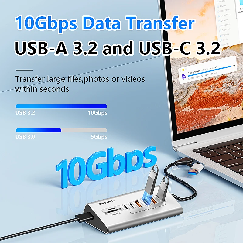 8 en 2 USB 3,2 HUB 10Gbps transferencia de datos aleación de aluminio estación de acoplamiento USB divisor USB con lector de tarjetas para PC portátil Macbook - imagen 2
