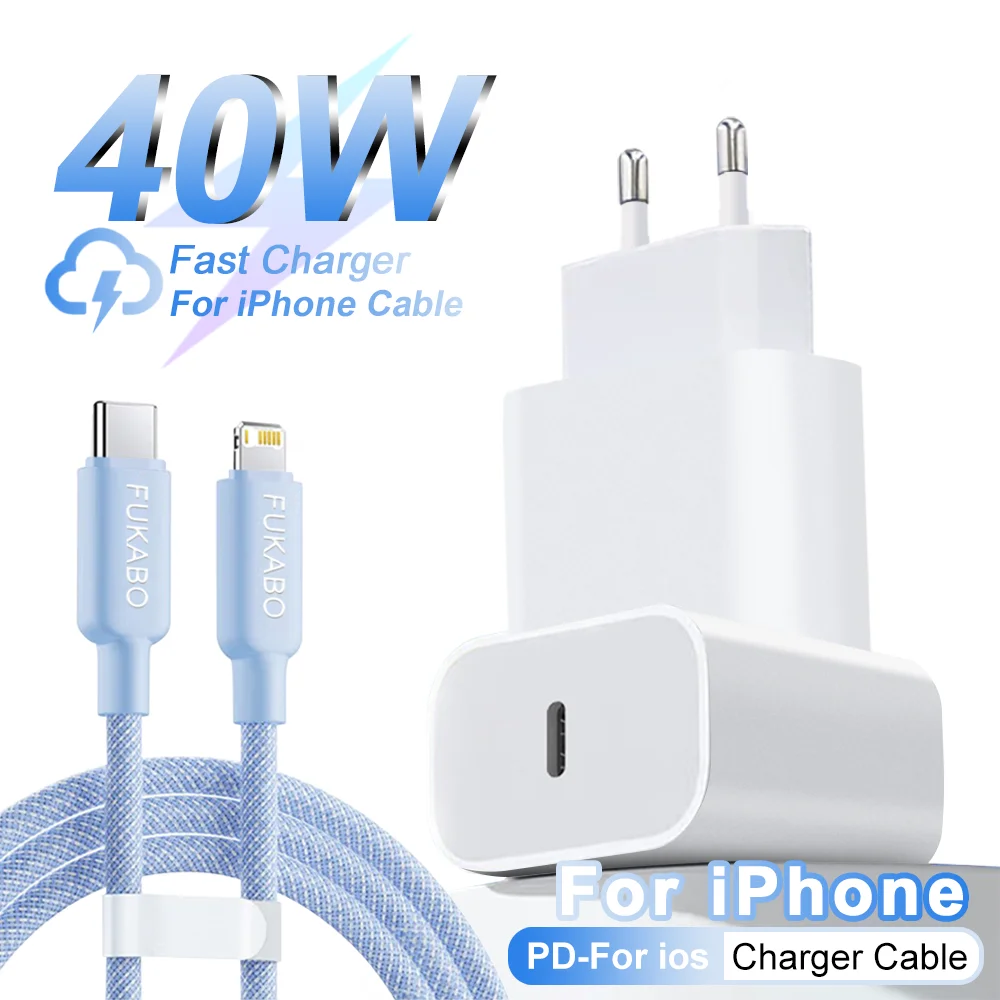 Cargador de teléfono PD de 40W, cargador rápido USB C QC4.0/3,0 PD3.0, carga rápida para for iPhone 14 13 12 11 Pro Max, adaptador de Cable USB tipo C