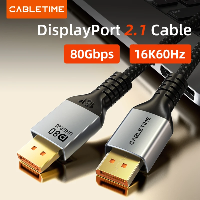 CABLETIME DisplayPort 2.1 Cable 16K@60Hz 8K@120Hz 4K@240Hz 80Gbps DP 2.1 DisplayPort a DisplayPort Cable para HDTV Proyector PC