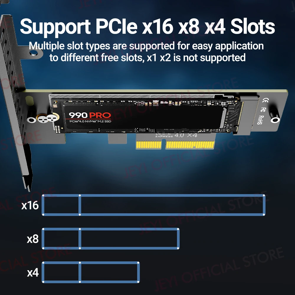 Adaptador JEYI M.2 NVME a PCIe 4,0 3,0 con disipador térmico SSD de aluminio, tarjeta de expansión NVMe 64Gbps Gen4 PCIE x1 X4 X8 X16 para escritorio - imagen 5