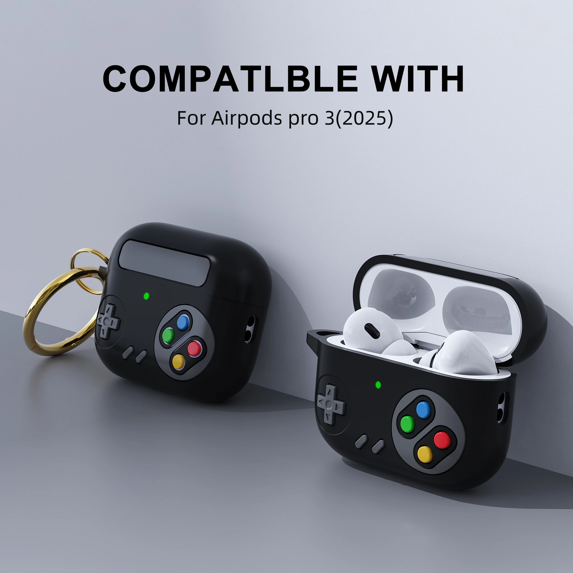 Compatible con funda AirPods Pro 3 2025: funda con diseño clásico de consola de juegos portátil retro, mosquetón incluido
