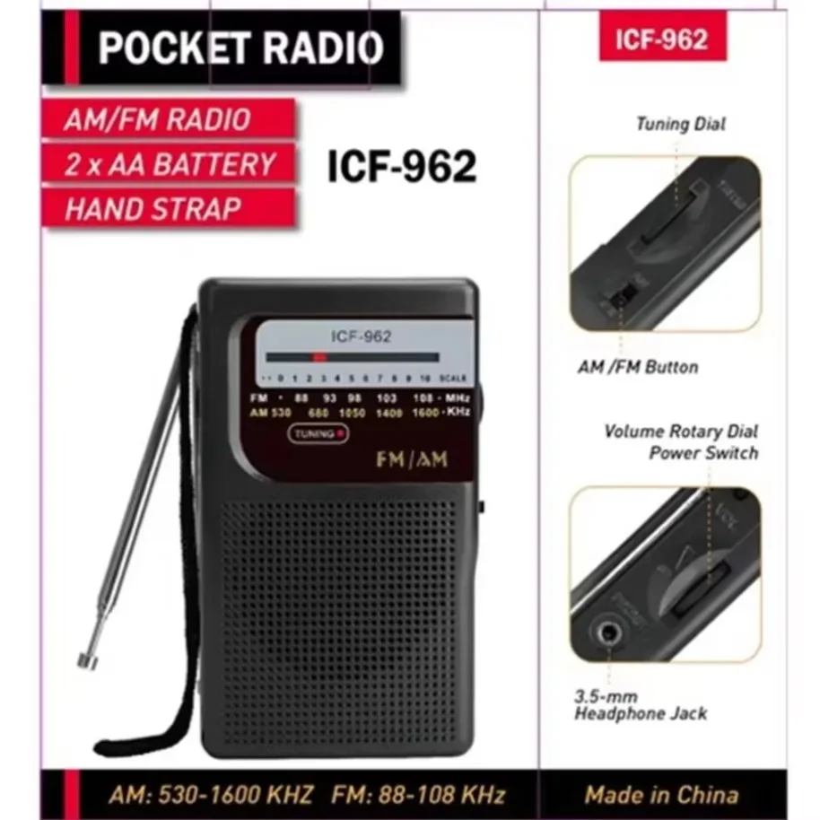 ICF-962 Radio estéreo AM/FM para exteriores, Radio con puntero de bolsillo, 2 pilas AA, funciona para interiores y exteriores, Camping, emergencia, EE. UU. - imagen 2