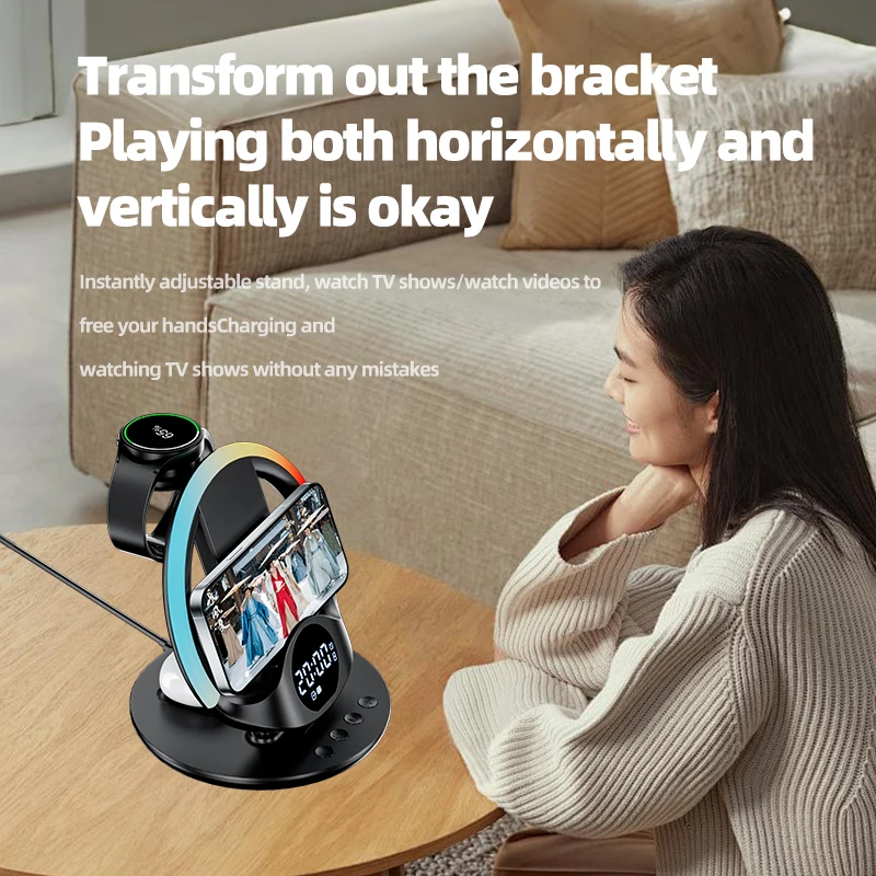 Luz RGB y cargador inalámbrico 6 en 1, soporte de reloj despertador para iPhone 17 ~ 12, Samsung, Apple y Galaxy Watch, Airpods 4/3 Pro Buds3/3 Pro - imagen 3