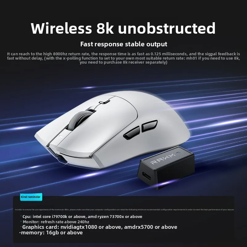 RAWM MH01 Ratón para juegos Esports de 3 modos PAW3395 Ratón inalámbrico 8K 600mAh Ratón de mano medio grande para jugadores - imagen 3