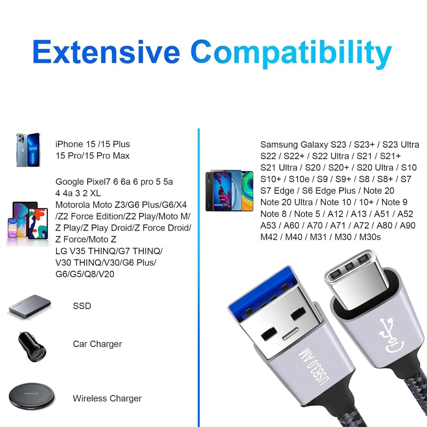 Cable trenzado de carga USB A a tipo C 3A de 1m USB 3,1 USB 3,2 Gen2 10Gbps Cable de transferencia de datos para Samsung Galaxy Phone Tablet SSD - imagen 5