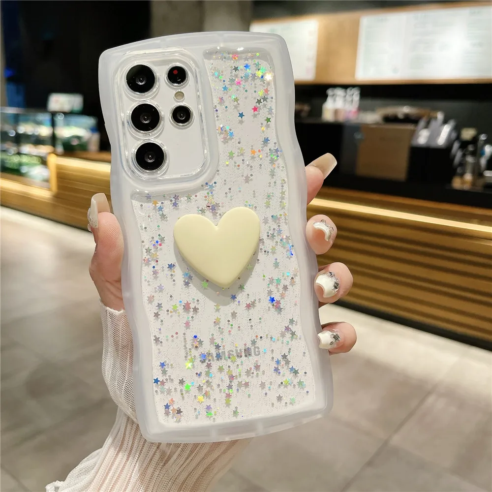 Cute 3D Heart Cover For Samsung S24 Ultra S23 Plus S22 S21 S20 FE Note 20 Soft Silicon Sequin Glitter Wavy Edge Phone Case Shell - imagen 5