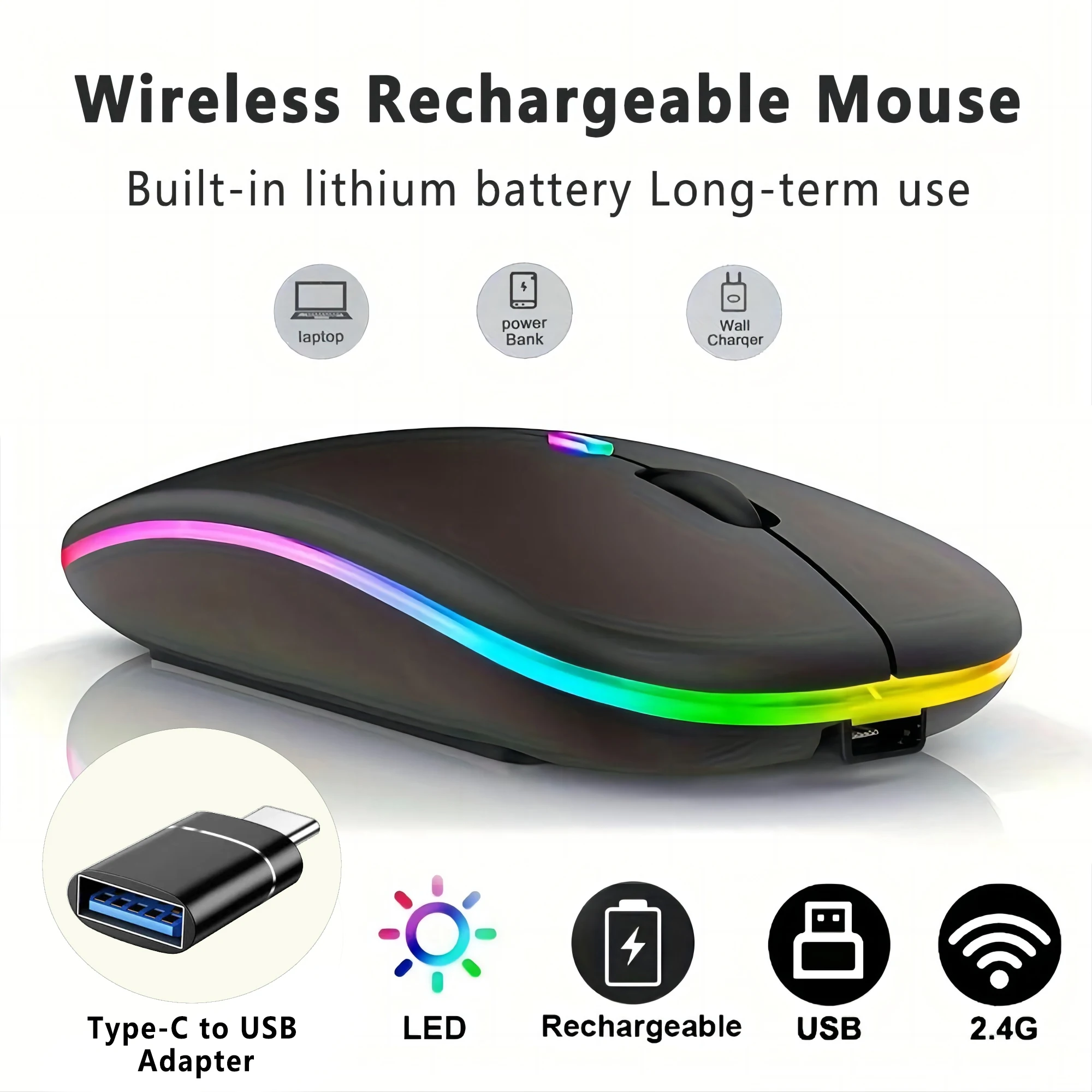 Ratón inalámbrico Bluetooth con adaptador tipo C a USB, recargable por USB con ratón para juegos Bluetooth para MAC/portátil/PC/Windows - imagen 2